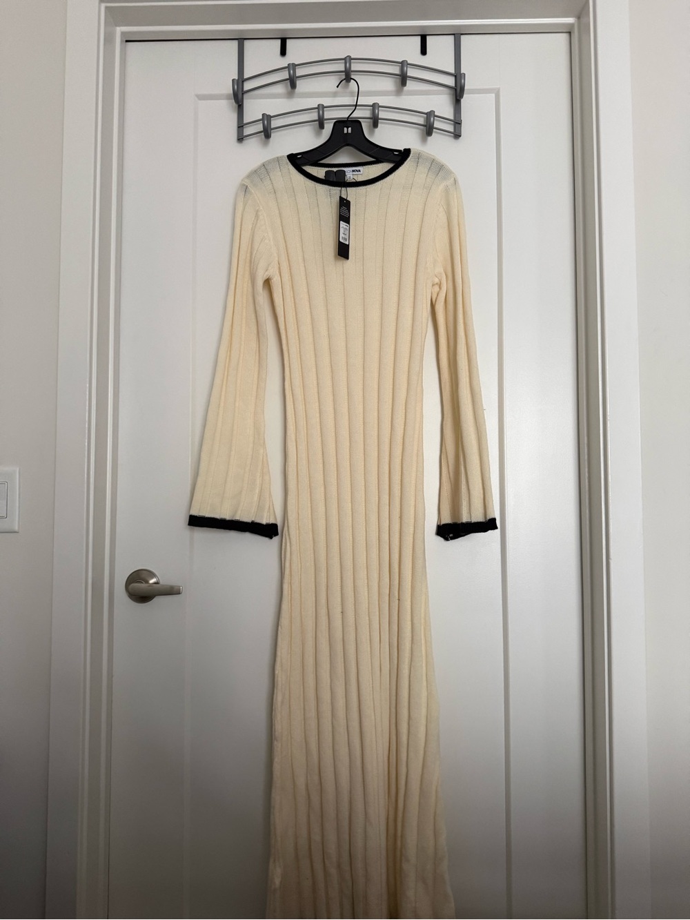 Fashion Nova Cream Ribbed Maxi Dress with Black Trim